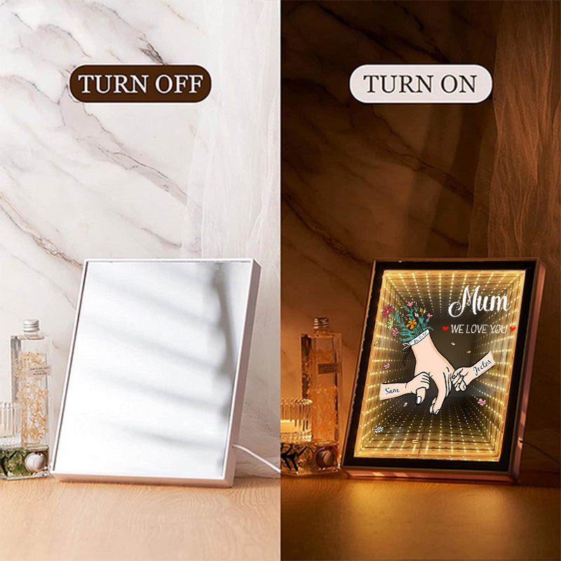 Custom Starry Mirror Lightbox – Personalized "We Love You" with Heartfelt Hand-in-Hand Moment