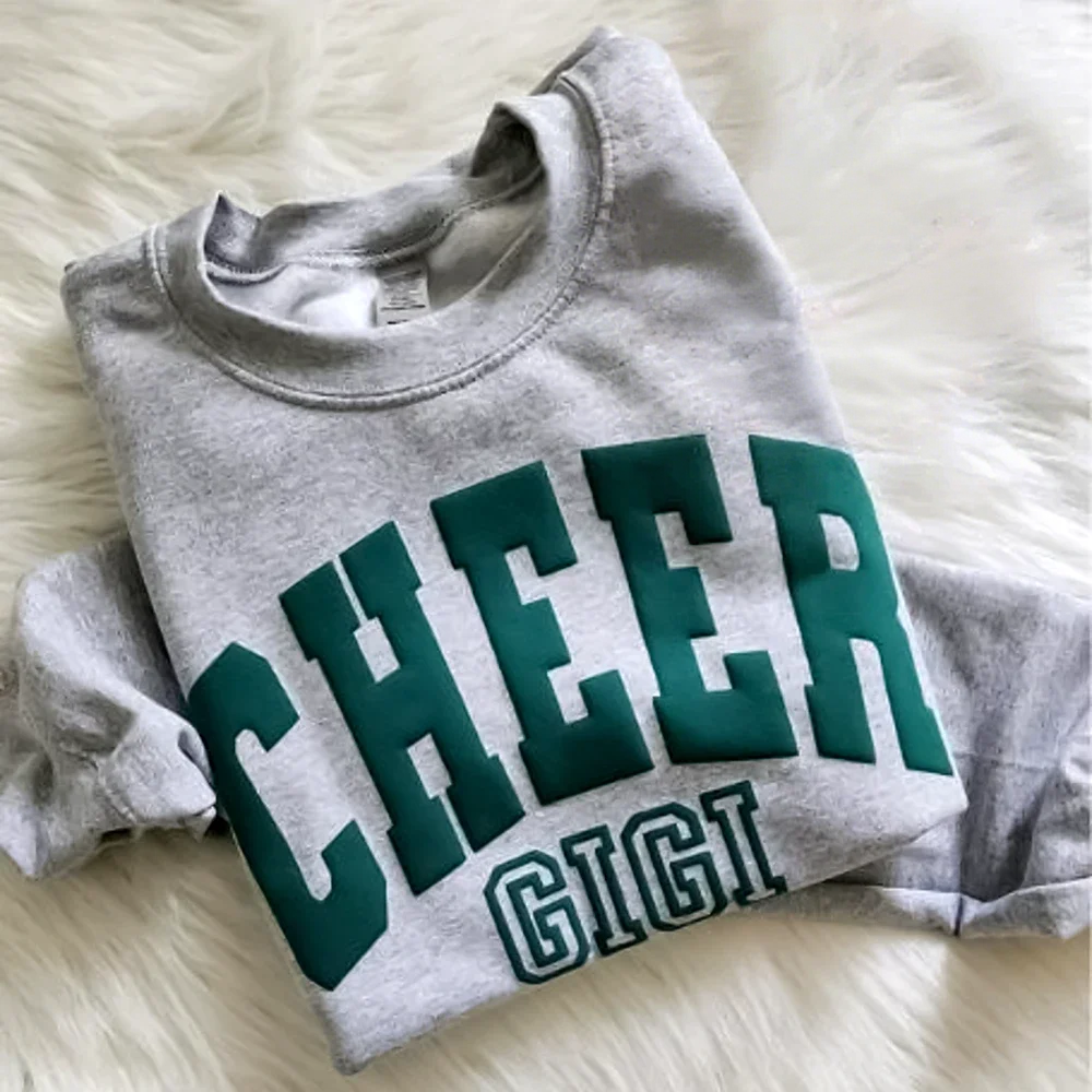 Personalized 3D PUFF Print Cheer Mom sweatshirt with Kids Name on Sleeve