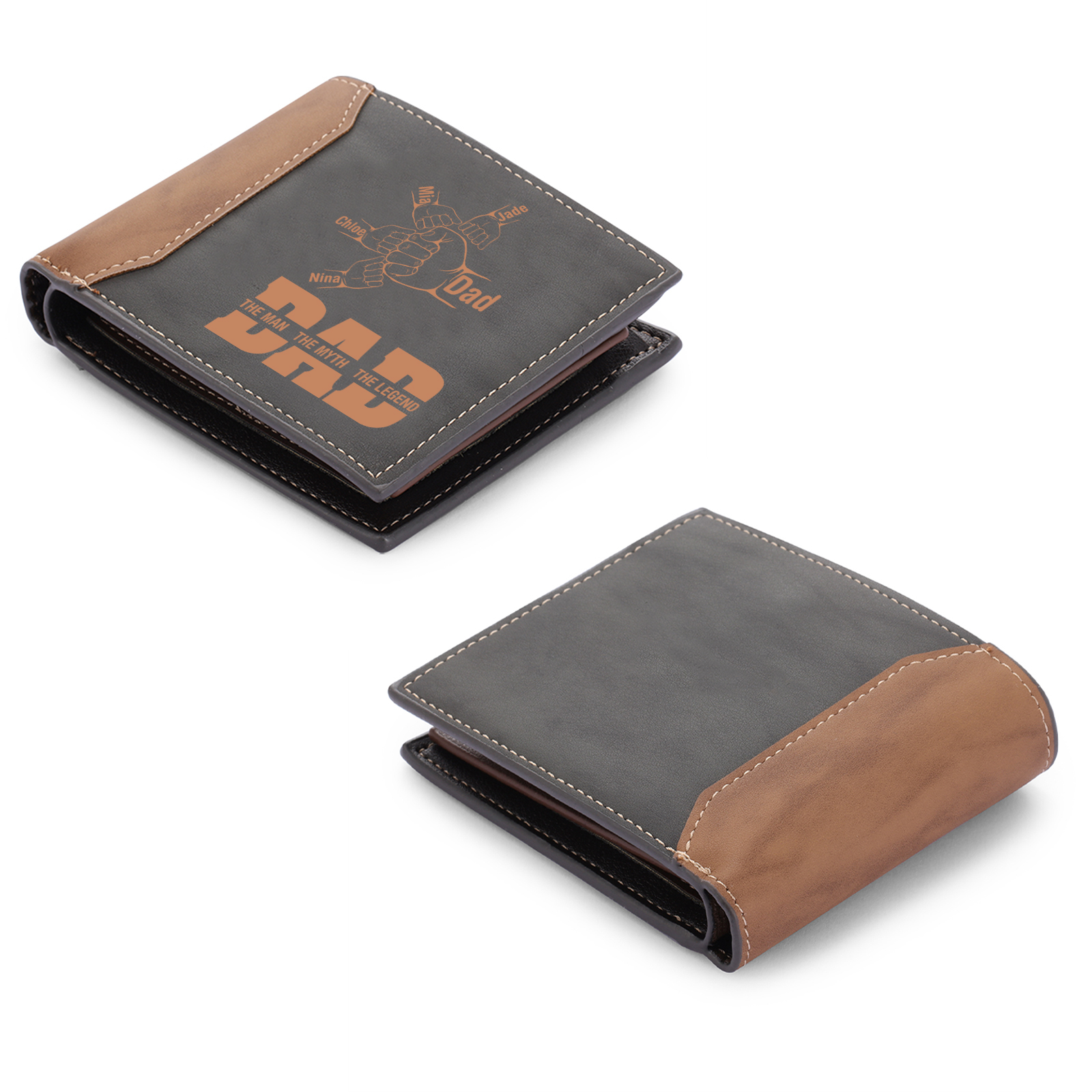 Personalised Men's Leather Wallet Custom 2–9 Names Billfold Wallet Fist Bump Gift for Dad - The Man, The Myth, The Legend