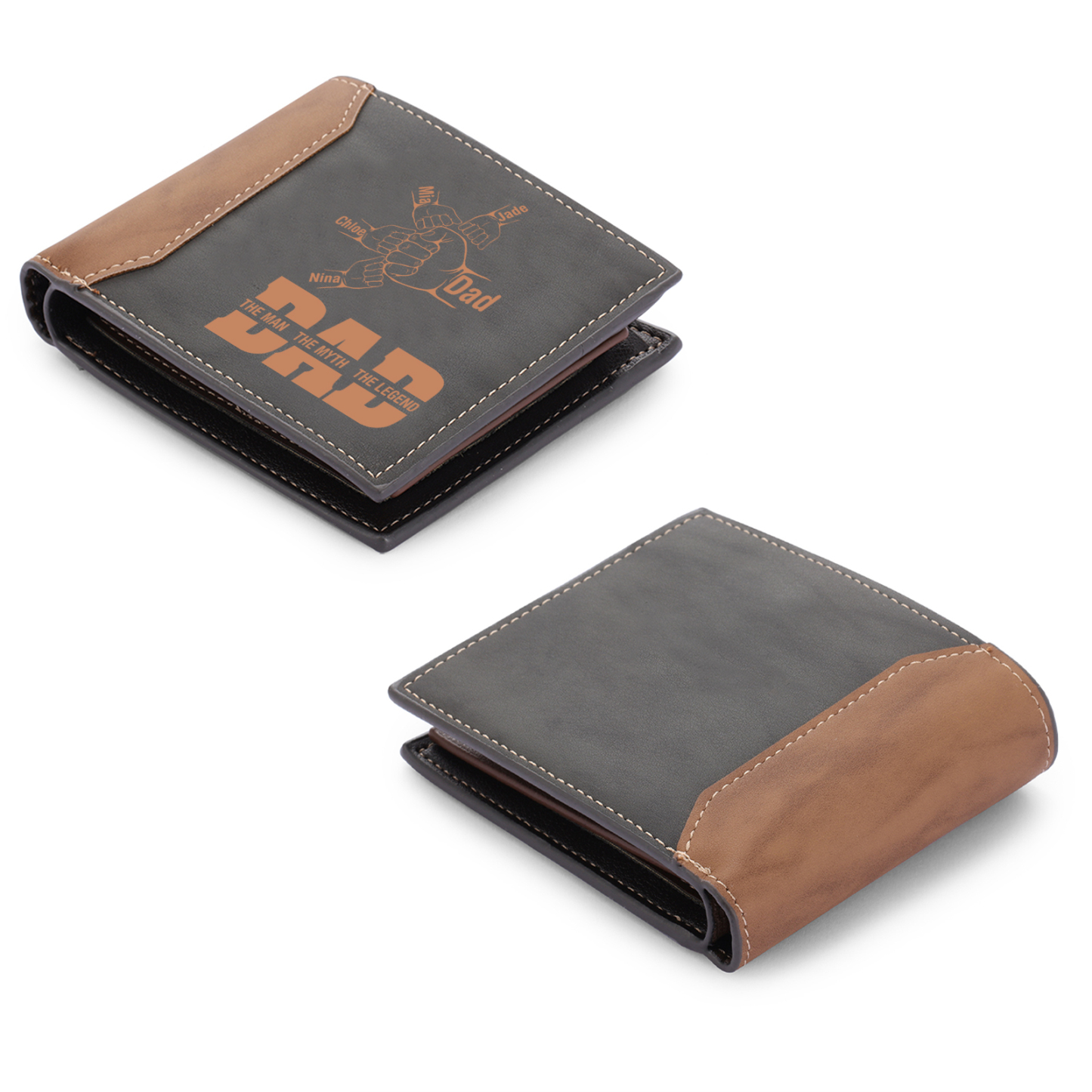 Personalised Men's Leather Wallet Custom 2–9 Names Billfold Wallet Fist Bump Gift for Dad - The Man, The Myth, The Legend