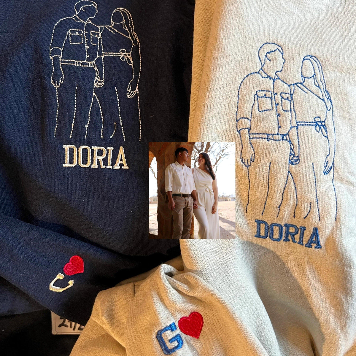 Custom Embroidered Hoodies for Couples – Matching Outline Portrait from Photo