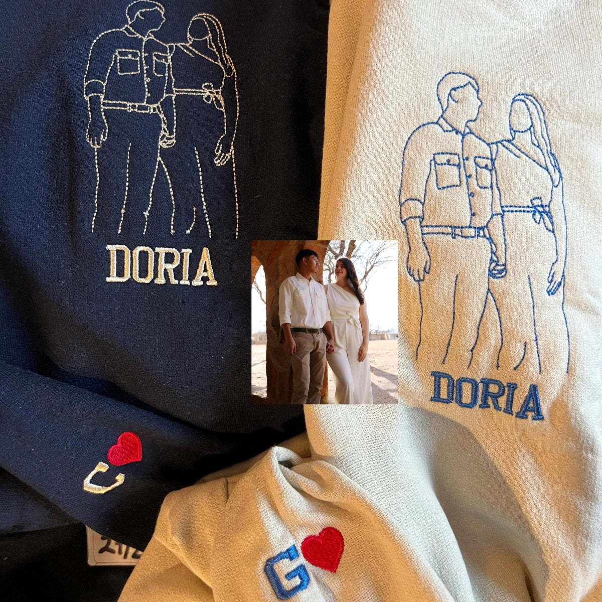 Custom Embroidered Hoodies for Couples – Matching Outline Portrait from Photo