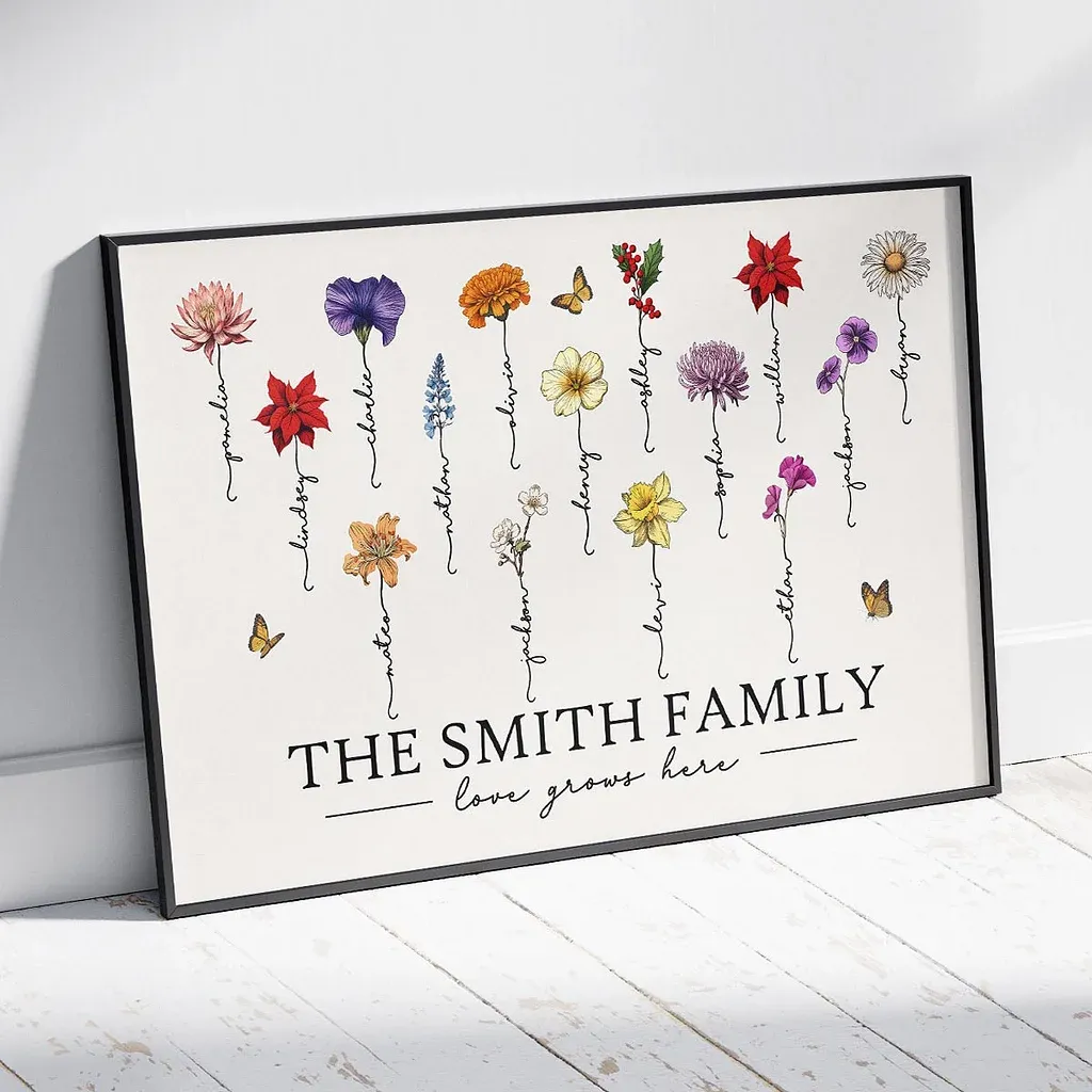 Grandma‘s Garden Love Grows Here Beautiful Birth Month Flowers Personalized Poster