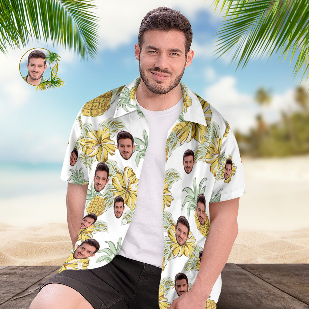 Custom Face Hawaiian Shirts Personalized Photos Hawaiian Flowers and Pineapples Men's Shirt Gift