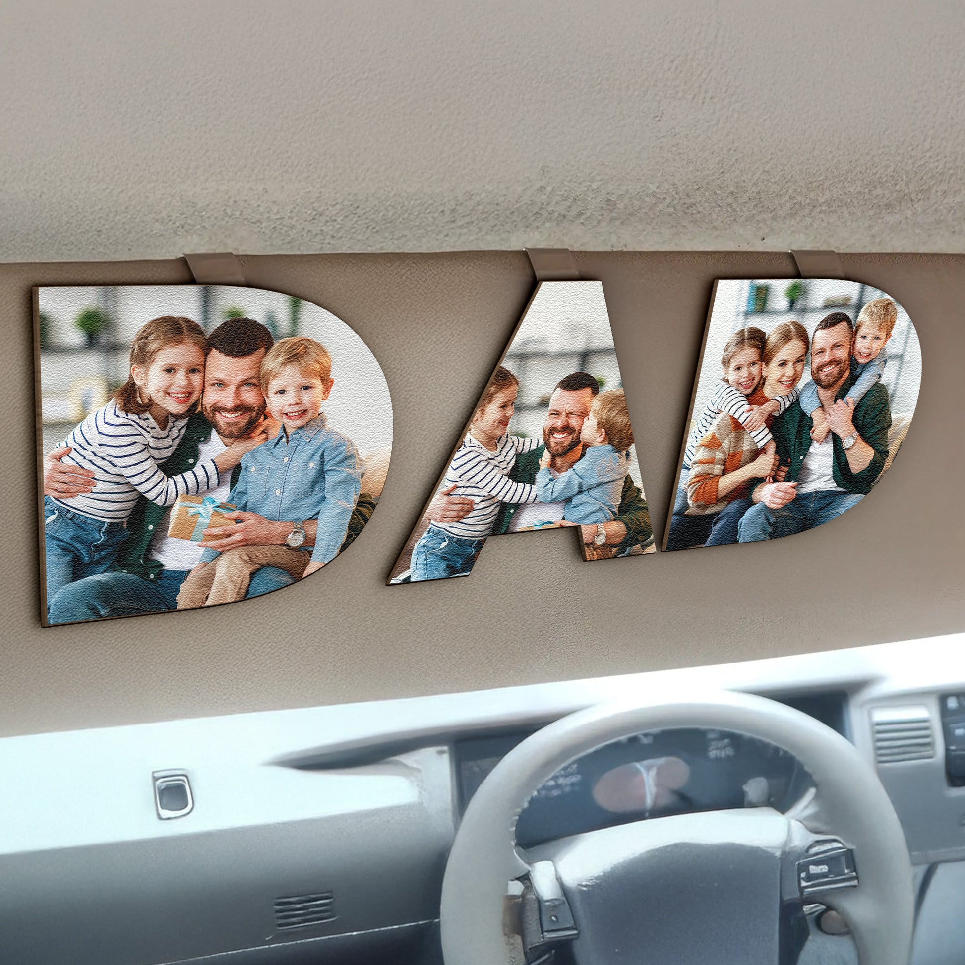 Custom Photo Dad, Mom Drive Safe - 3 Pieces - Personalized Wooden Photo Car Visor Clip Set