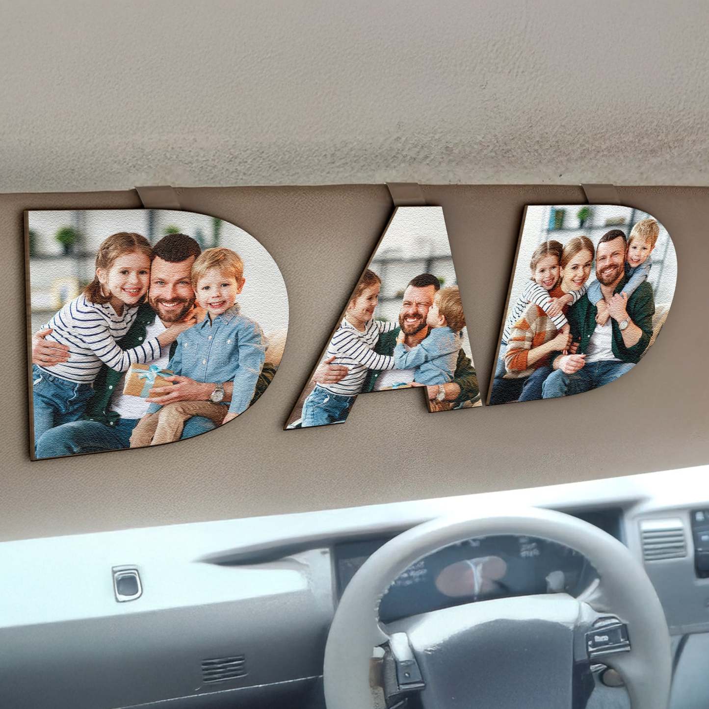 Custom Photo Dad, Mom Drive Safe - 3 Pieces - Personalized Wooden Photo Car Visor Clip Set