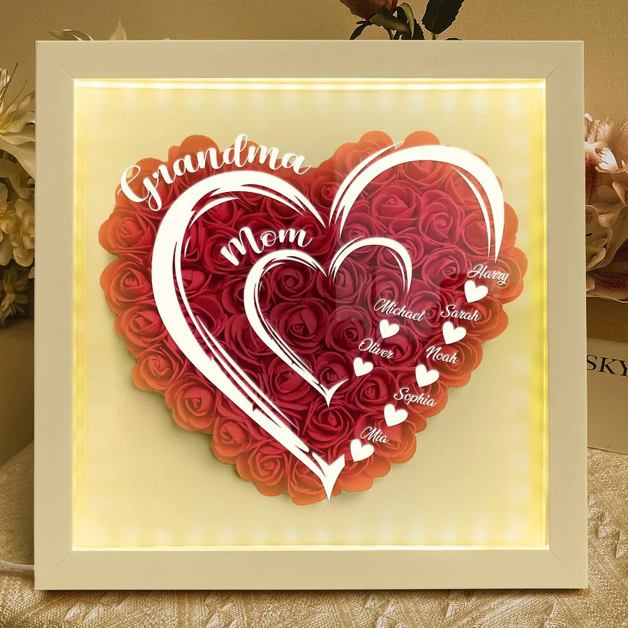 Mom Grandma Hearts Custom Kids' Names - Personalized Flower Shadow Box With LED Light