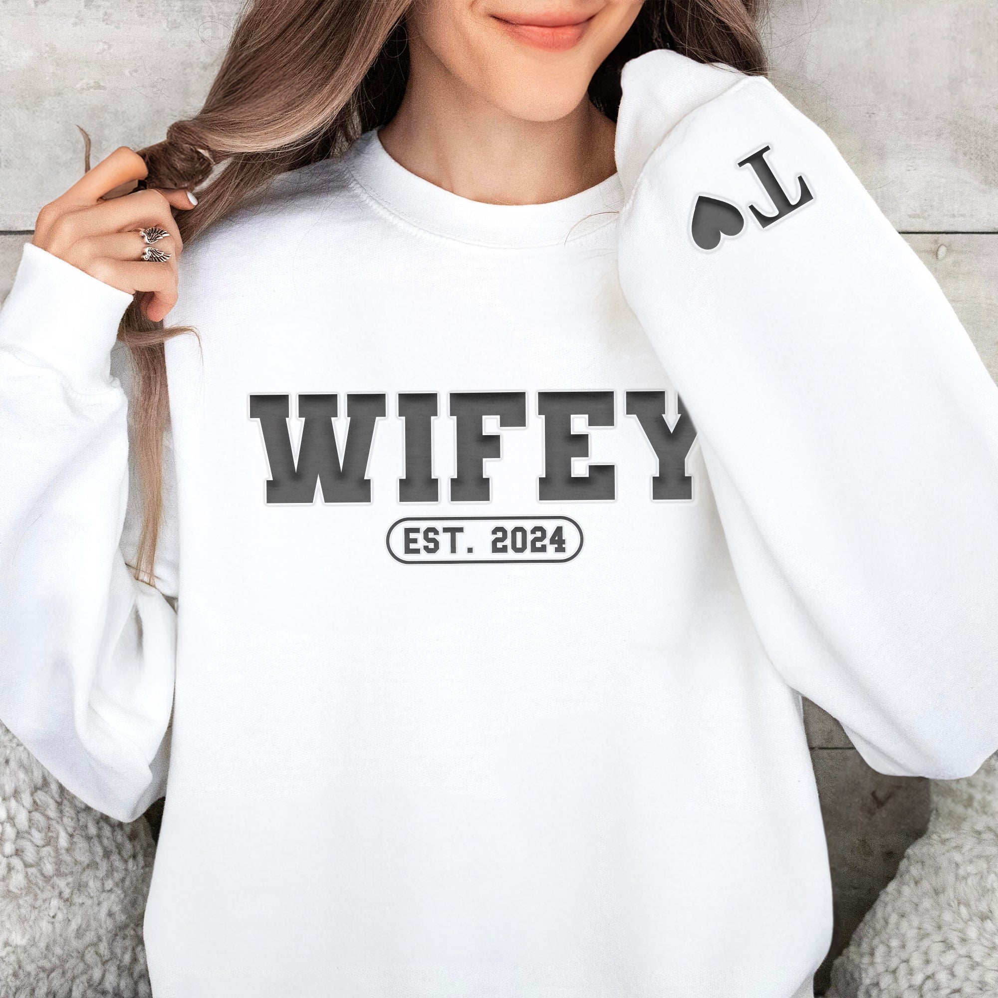 Hubby & Wifey Est.Year - Personalized Puff Print Sweatshirt