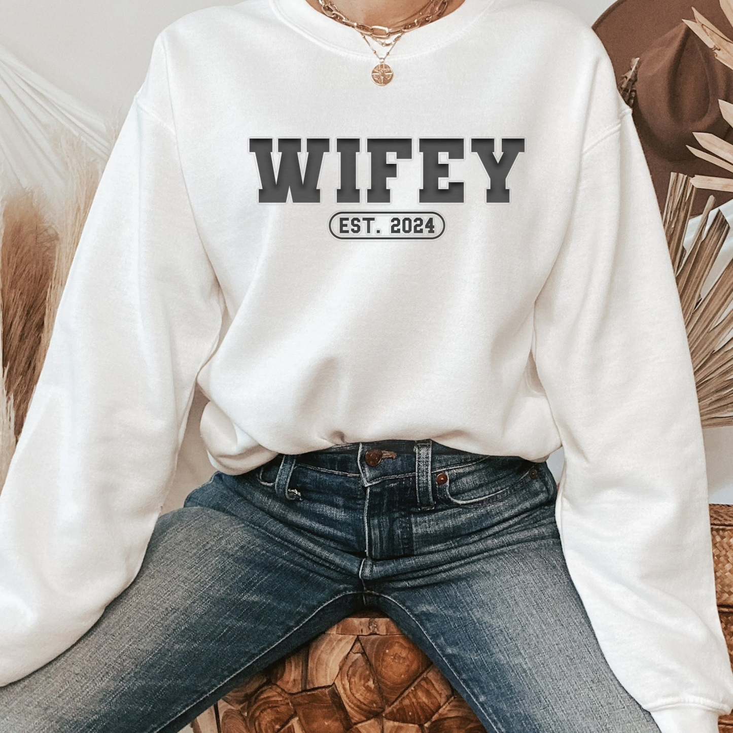 Hubby & Wifey Est.Year - Personalized Puff Print Sweatshirt