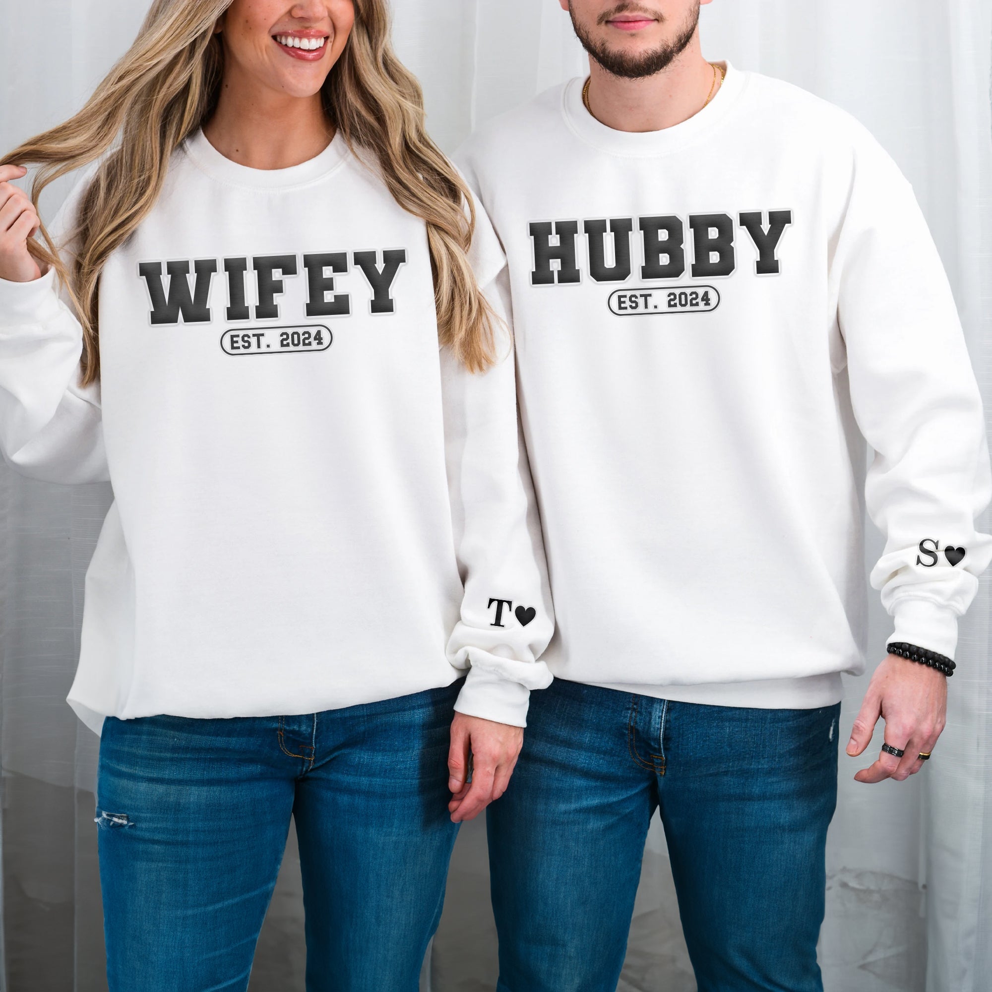 Hubby & Wifey Est.Year - Personalized Puff Print Sweatshirt