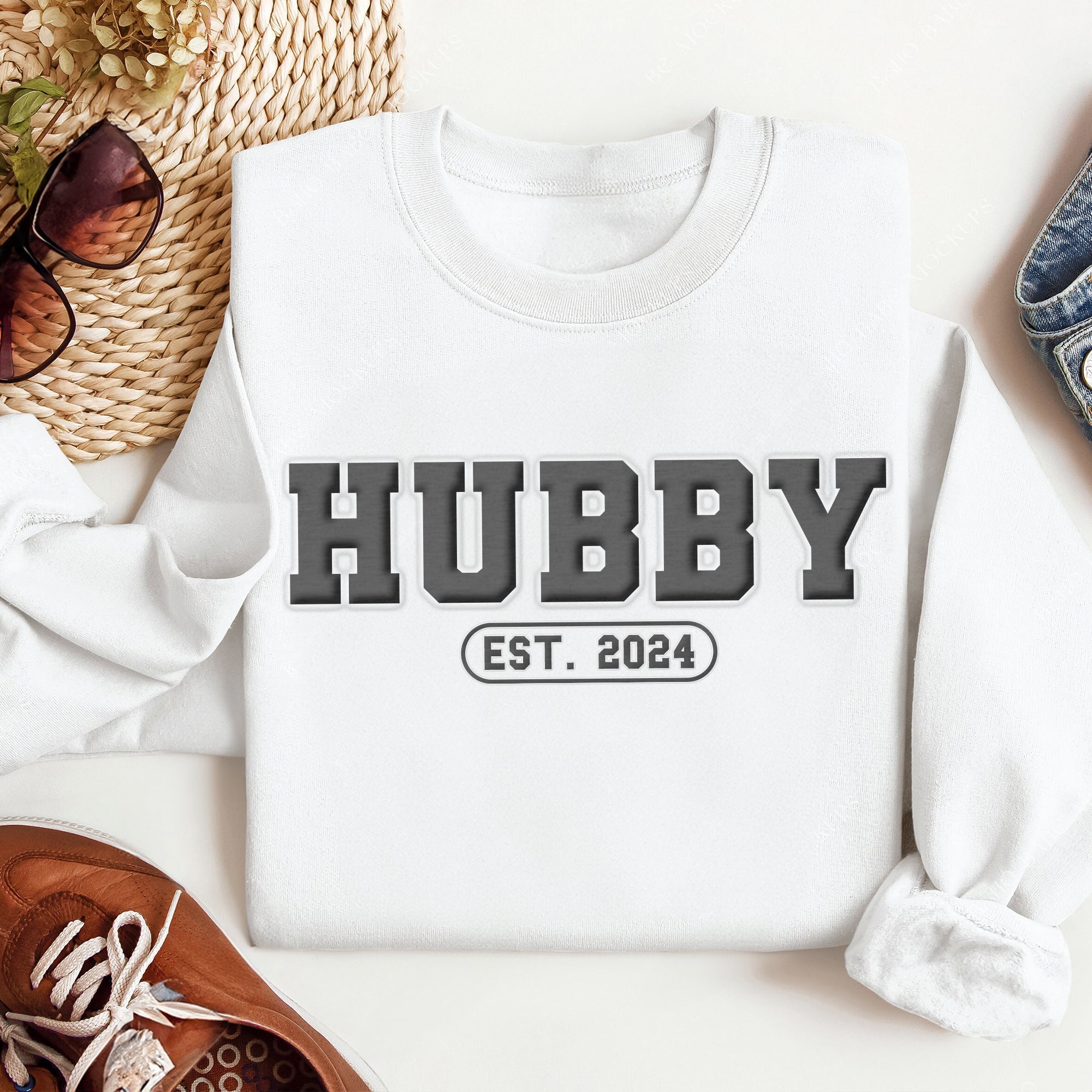 Hubby & Wifey Est.Year - Personalized Puff Print Sweatshirt