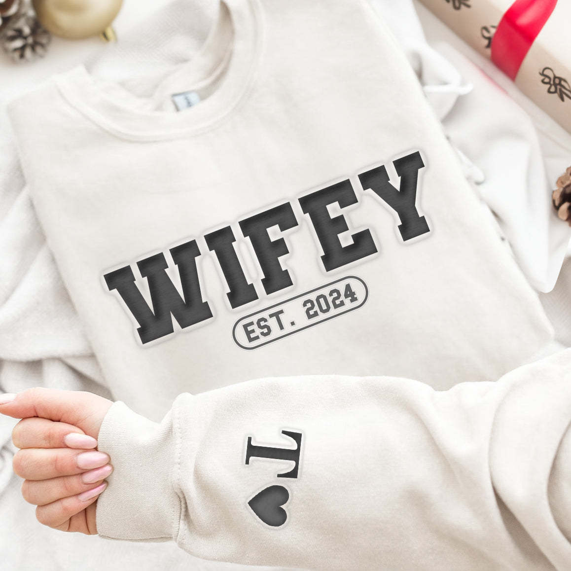 Hubby & Wifey Est.Year - Personalized Puff Print Sweatshirt