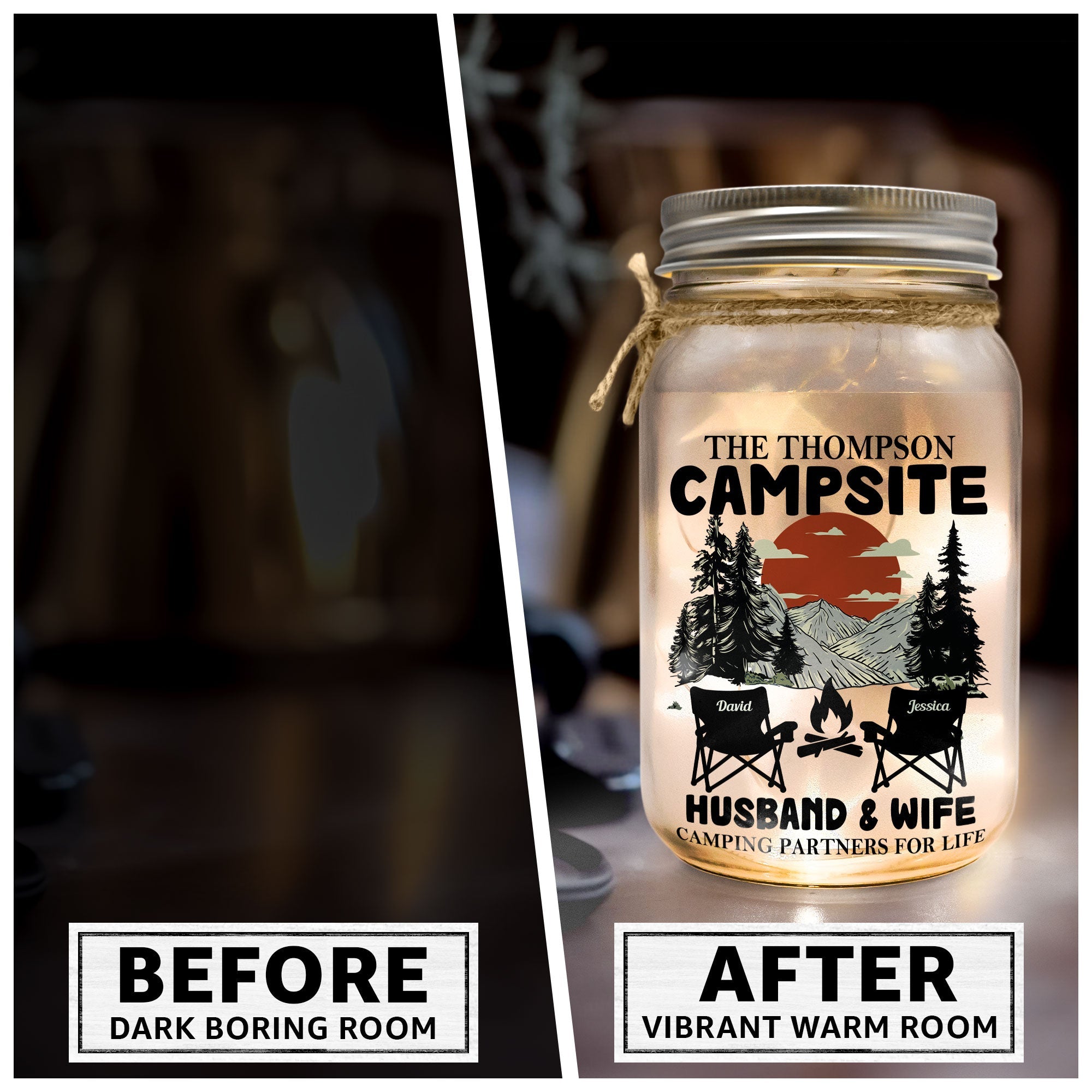 Husband & Wife Camping Partners For Life - Personalized Mason Jar Light