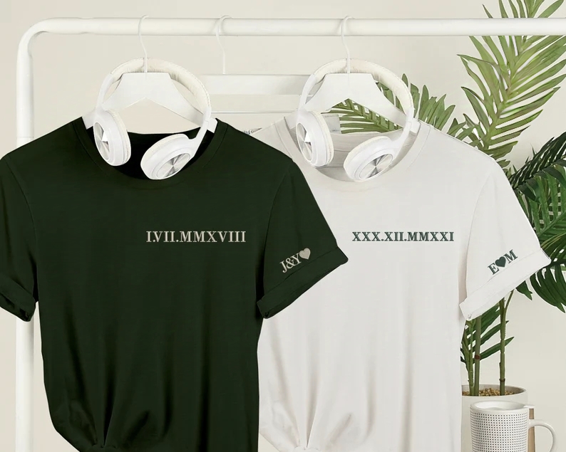 Embroidered Roman Numeral T-Shirts, Personalised Initials Couple Matching Shirt, Custom Wedding Date Tees, Memorial Anniversary Gift for Him