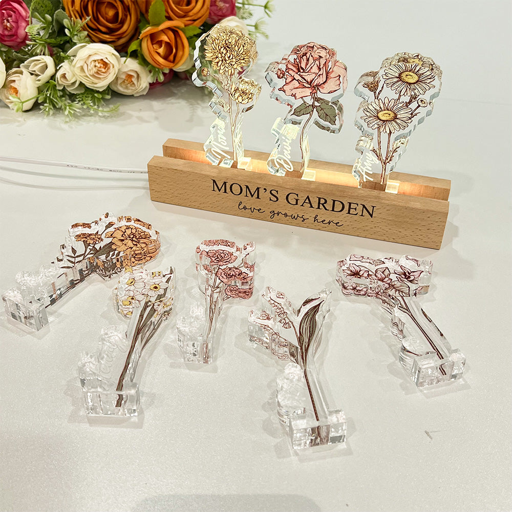 Custom Birth Flower 3D Crystal Acrylic LED Light With Children's Names