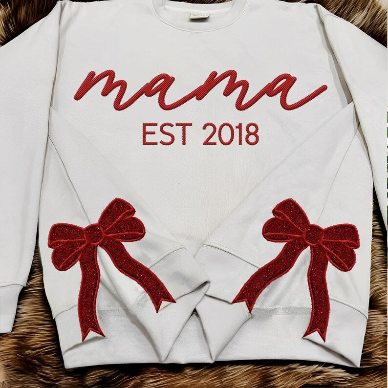 Custom Embroidery Glitter Side Bow Mama Sweatshirt