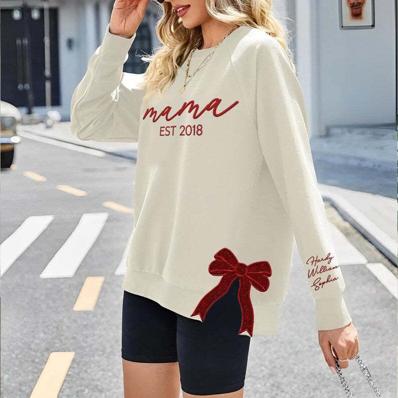 Custom Embroidery Glitter Side Bow Mama Sweatshirt