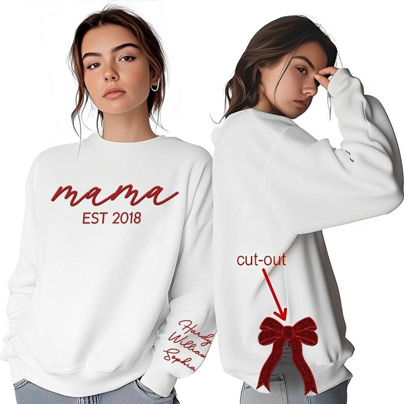 Custom Embroidery Glitter Side Bow Mama Sweatshirt