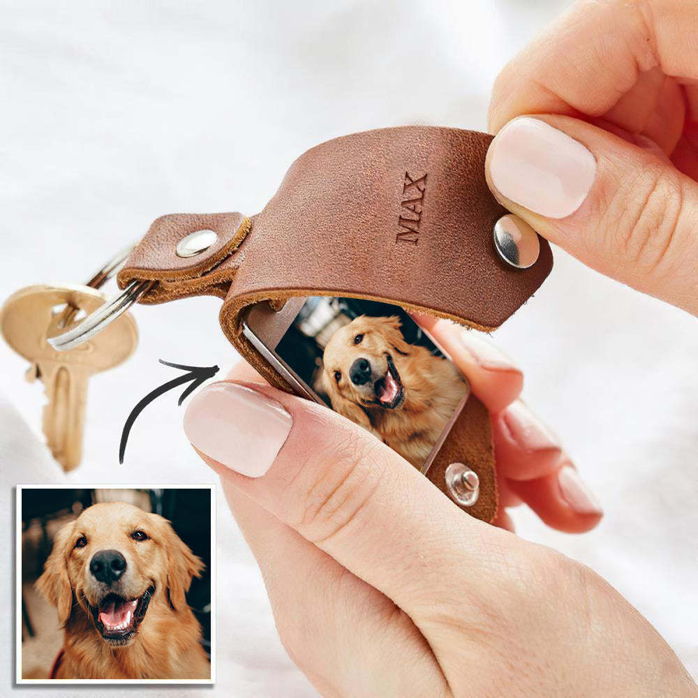 Custom Photo Keychain Engraved Keychains Leather Gifts for Dad