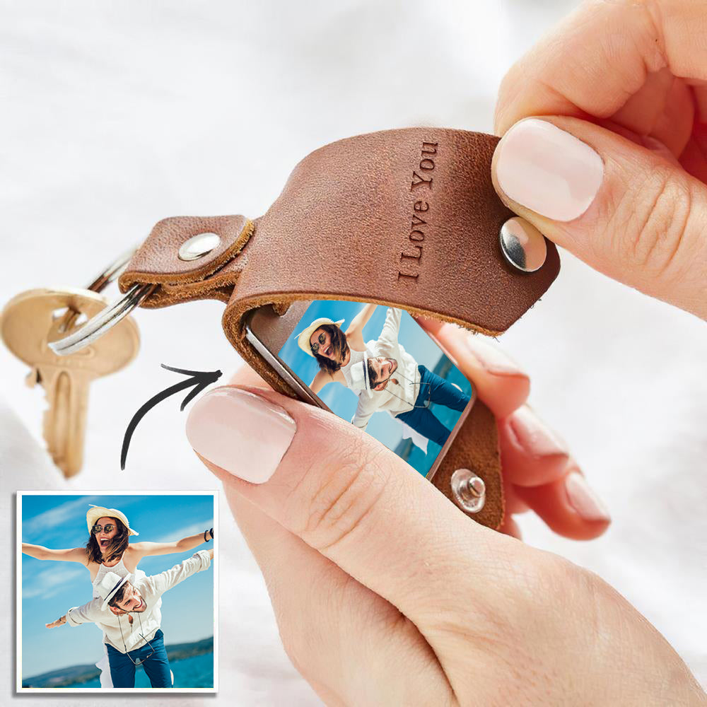 Custom Photo Keychain Engraved Keychains Leather Gifts for Dad