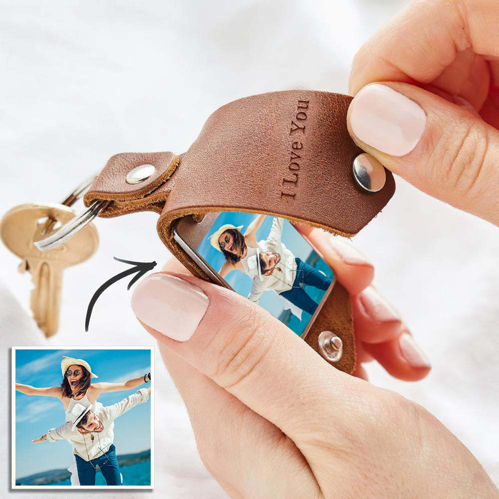 Custom Photo Keychain Engraved Keychains Leather Gifts for Dad