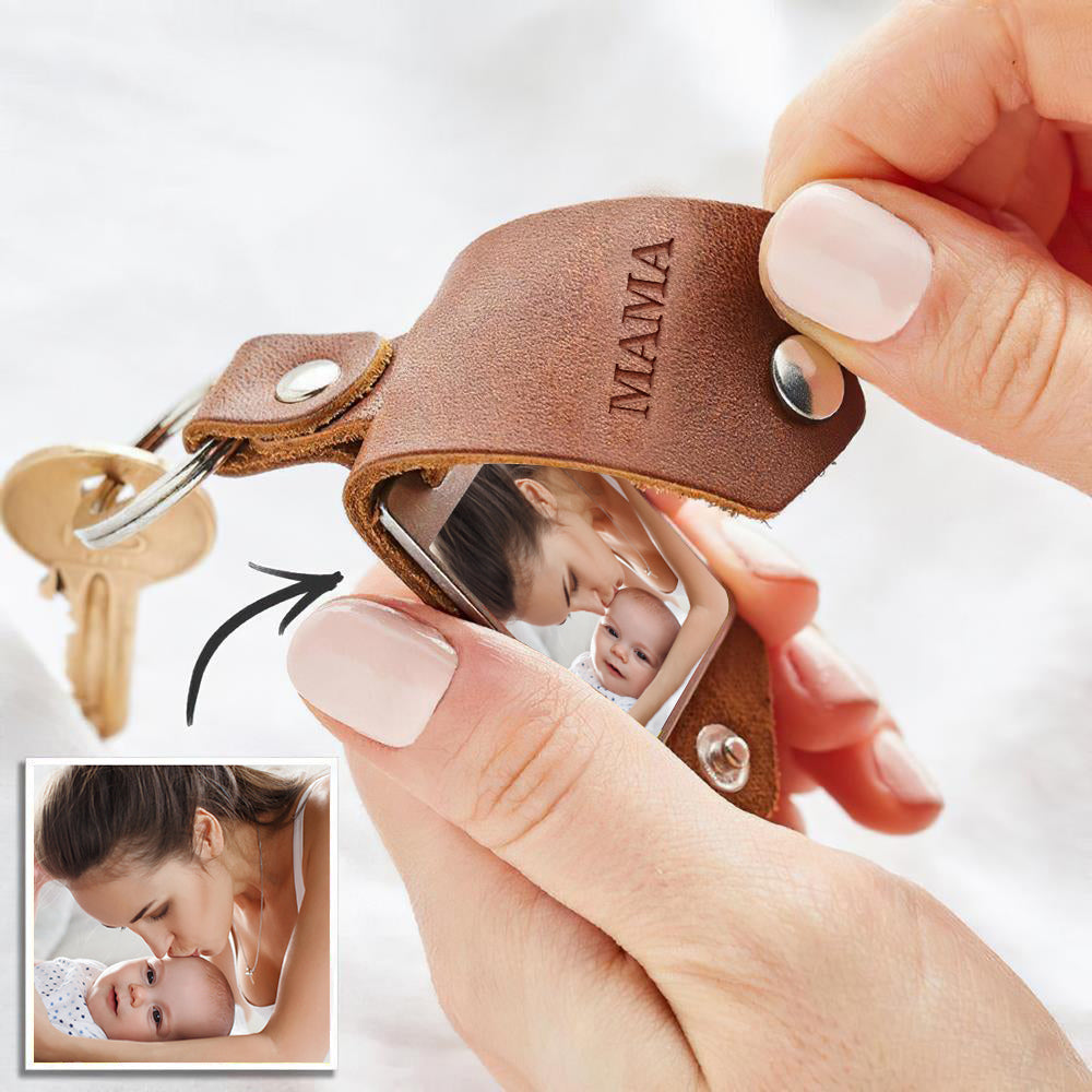 Custom Photo Keychain Engraved Keychains Leather Gifts for Dad