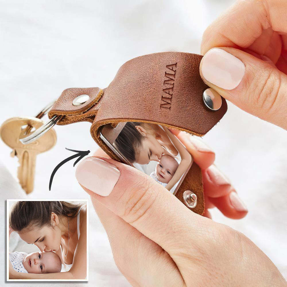 Custom Photo Keychain Engraved Keychains Leather Gifts for Dad