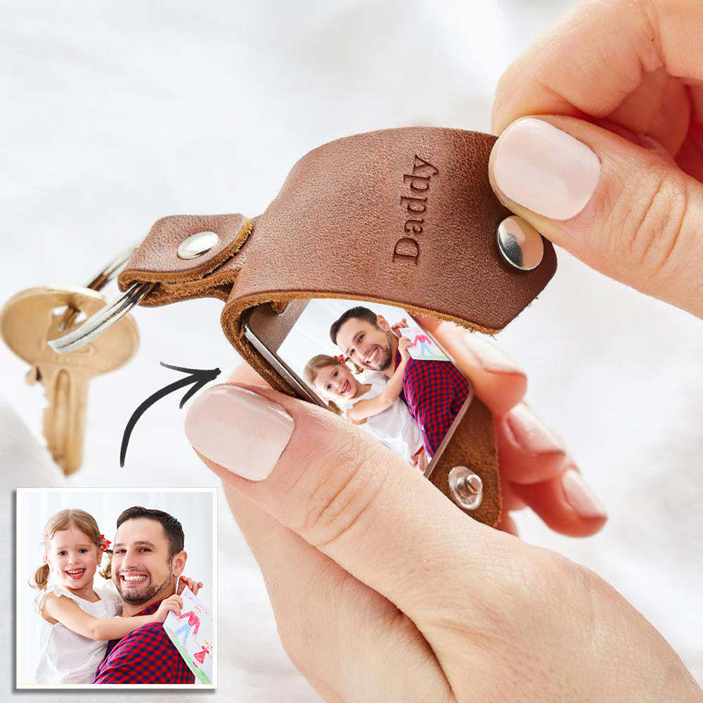 Custom Photo Keychain Engraved Keychains Leather Gifts for Dad