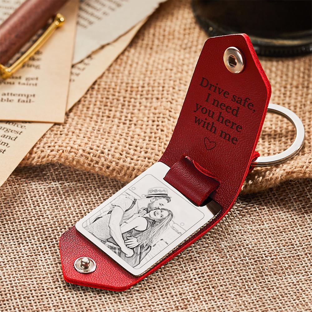 Personalized Leather Keychain Drive Safe Significant Custom Photo Keychain Anniversary Gift For Him