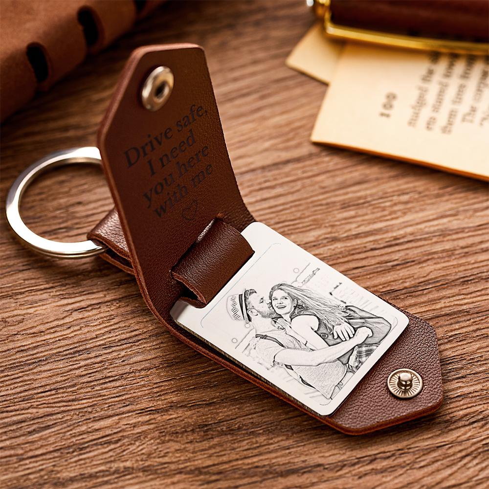 Personalized Leather Keychain Drive Safe Significant Custom Photo Keychain Anniversary Gift For Him