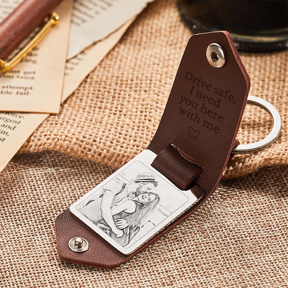 Personalized Leather Keychain Drive Safe Significant Custom Photo Keychain Anniversary Gift For Him
