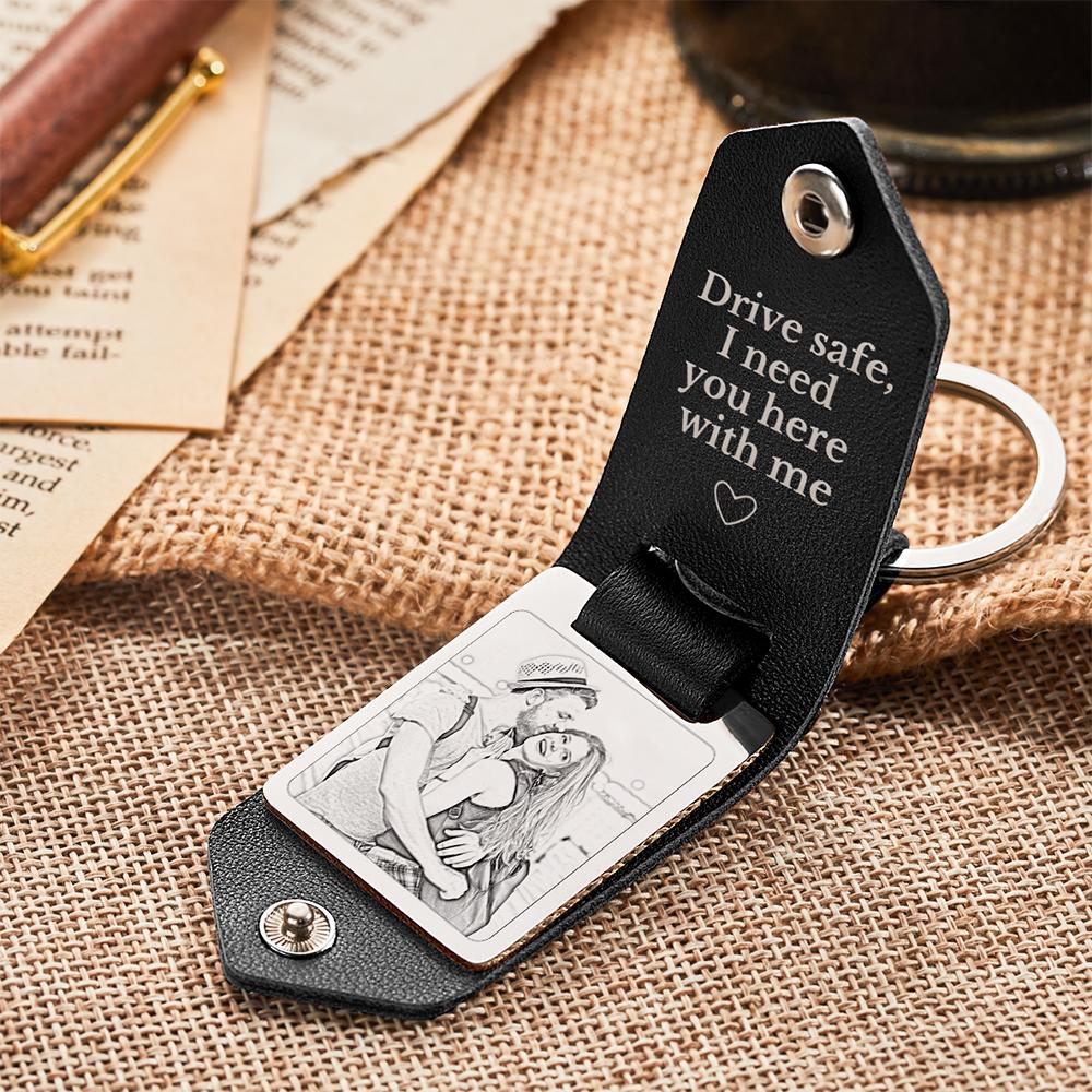 Personalized Leather Keychain Drive Safe Significant Custom Photo Keychain Anniversary Gift For Him