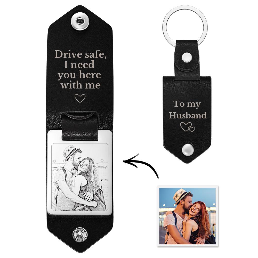 Personalized Leather Keychain Drive Safe Significant Custom Photo Keychain Anniversary Gift For Him