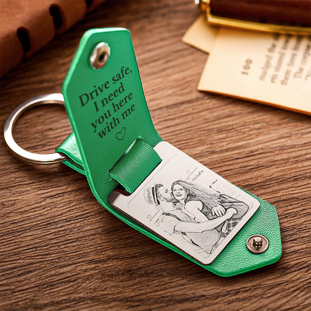 Personalized Leather Keychain Drive Safe Significant Custom Photo Keychain Anniversary Gift For Him