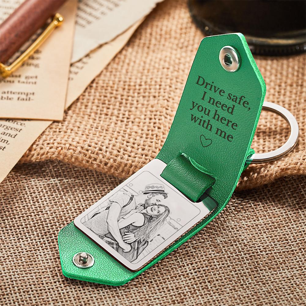 Personalized Leather Keychain Drive Safe Significant Custom Photo Keychain Anniversary Gift For Him
