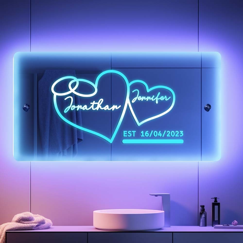 Personalized Name Mirror Heart Special Dates LED illuminated Light-Up Wall Decorations Valentine's Day Gifts For Couple