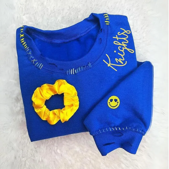 Custom Embroidered Hand Distressed Crew Neck Sweatshirt Colorful embroidery Style