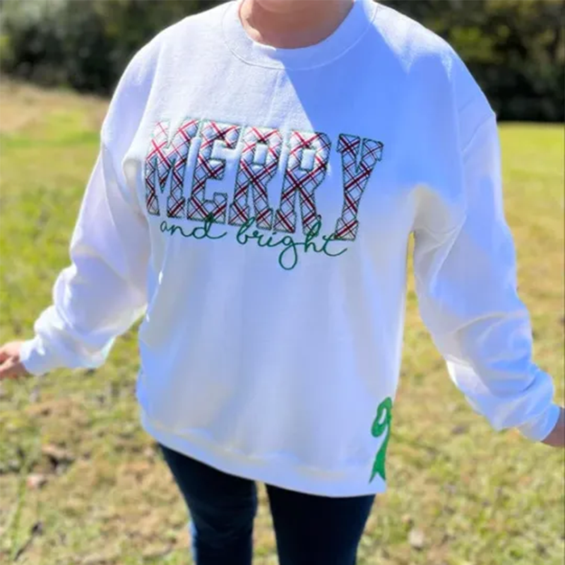MERRY AND BRIGHT, SIDE BOW APPLIQUE EMBROIDERED SWEATSHIRT 