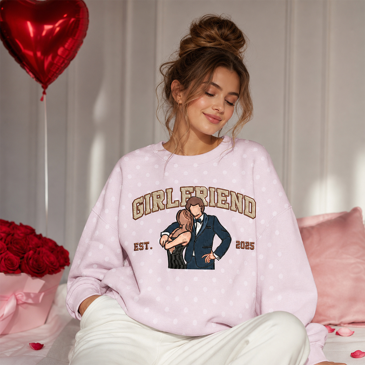 [Copy]Custom Polka Dot Embroidered Portrait Sweatshirt - Personalized Couple Photo Hoodie with Song Lyrics
