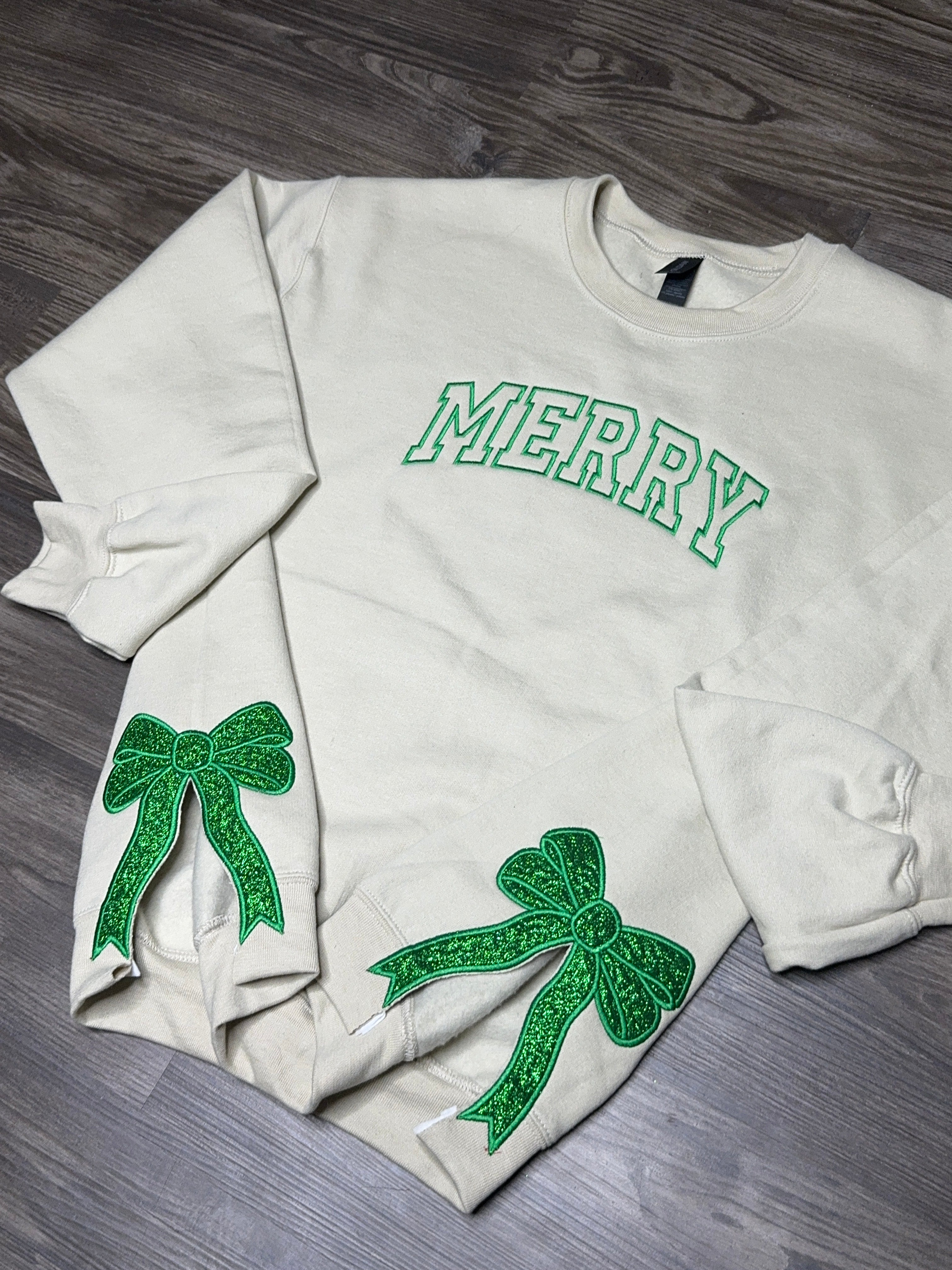 Merry and Bright Embroidered Bow Sweatshirt-Glitter Christmas Sweatshirt