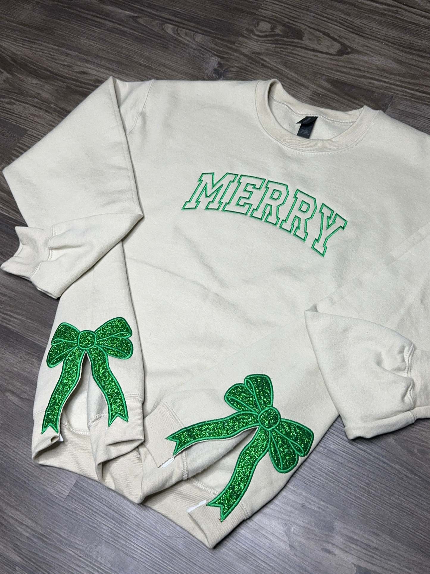 Merry and Bright Embroidered Bow Sweatshirt-Glitter Christmas Sweatshirt