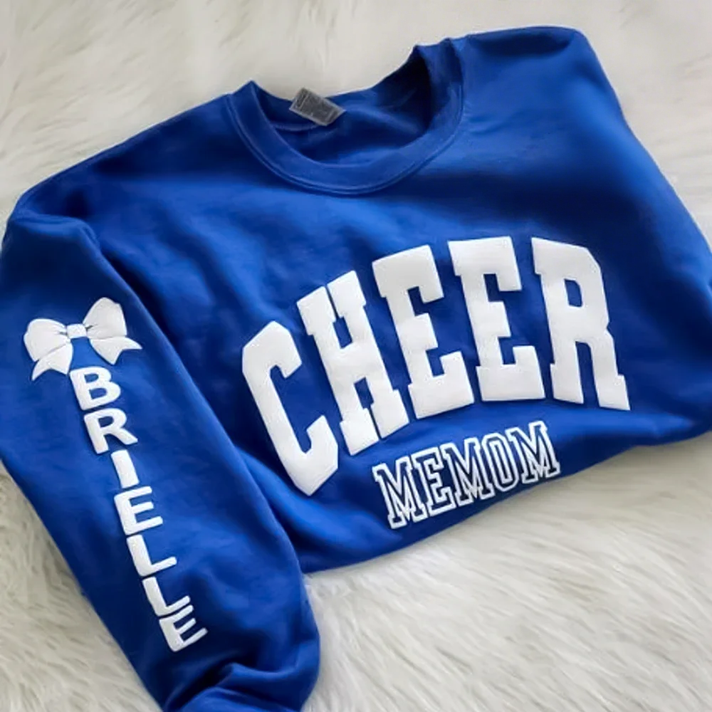 Personalized 3D PUFF Print Cheer Mom sweatshirt with Kids Name on Sleeve
