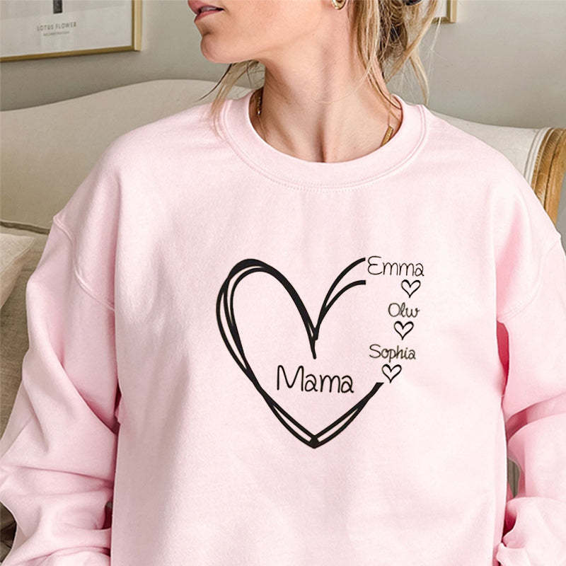 Personalized Mama Heart Printed Sweatshirt with Kids Names,Mothers Day Gift Idea
