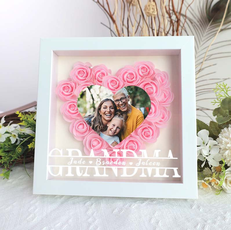 Grandma Heart Photo Flower Pattern Shadow Box Gift