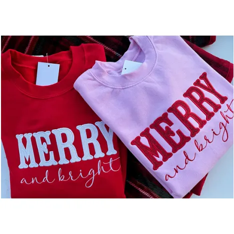 Merry and Bright Embroidered Bow Sweatshirt - Side Bow Applique Sweatshirt 