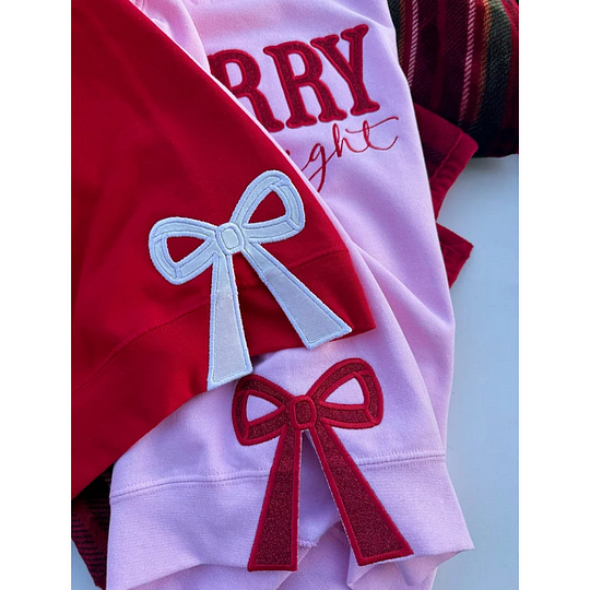 Merry and Bright Embroidered Bow Sweatshirt - Side Bow Applique Sweatshirt 