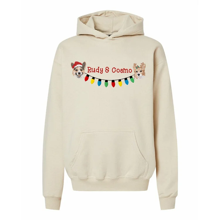 Custom 2 Pets Portrait and Christmas String Lights Embroidered Sweatshirt, Hoodie, T-shirt
