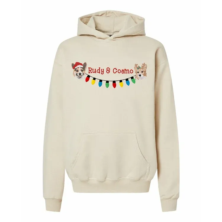 Custom 2 Pets Portrait and Christmas String Lights Embroidered Sweatshirt, Hoodie, T-shirt
