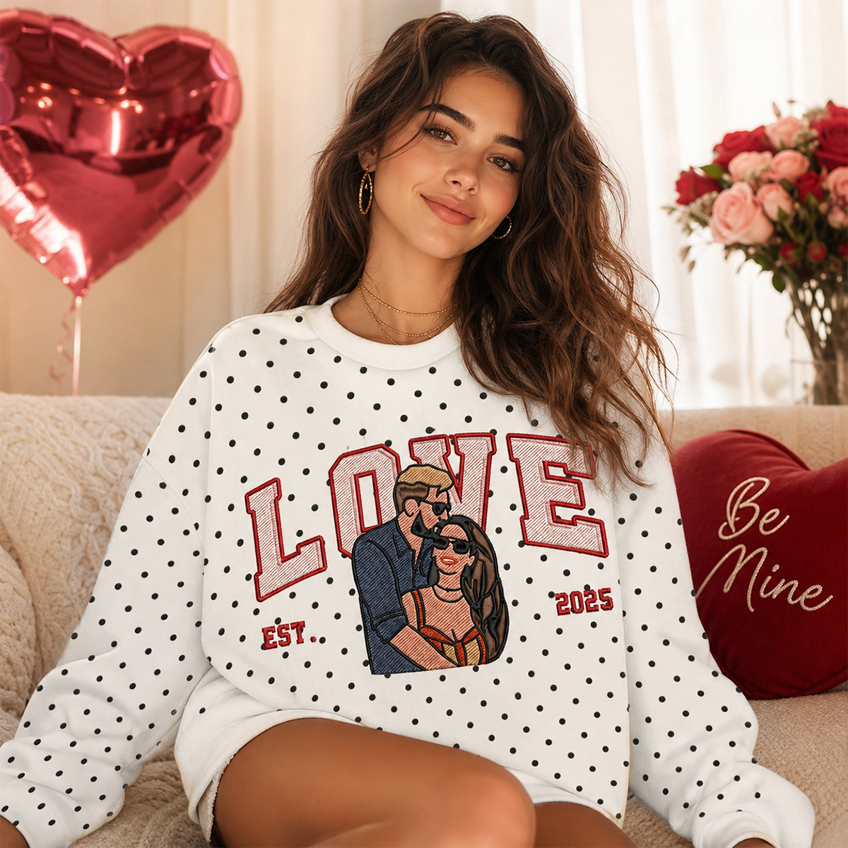 [Copy]Custom Polka Dot Embroidered Portrait Sweatshirt - Personalized Couple Photo Hoodie with Song Lyrics