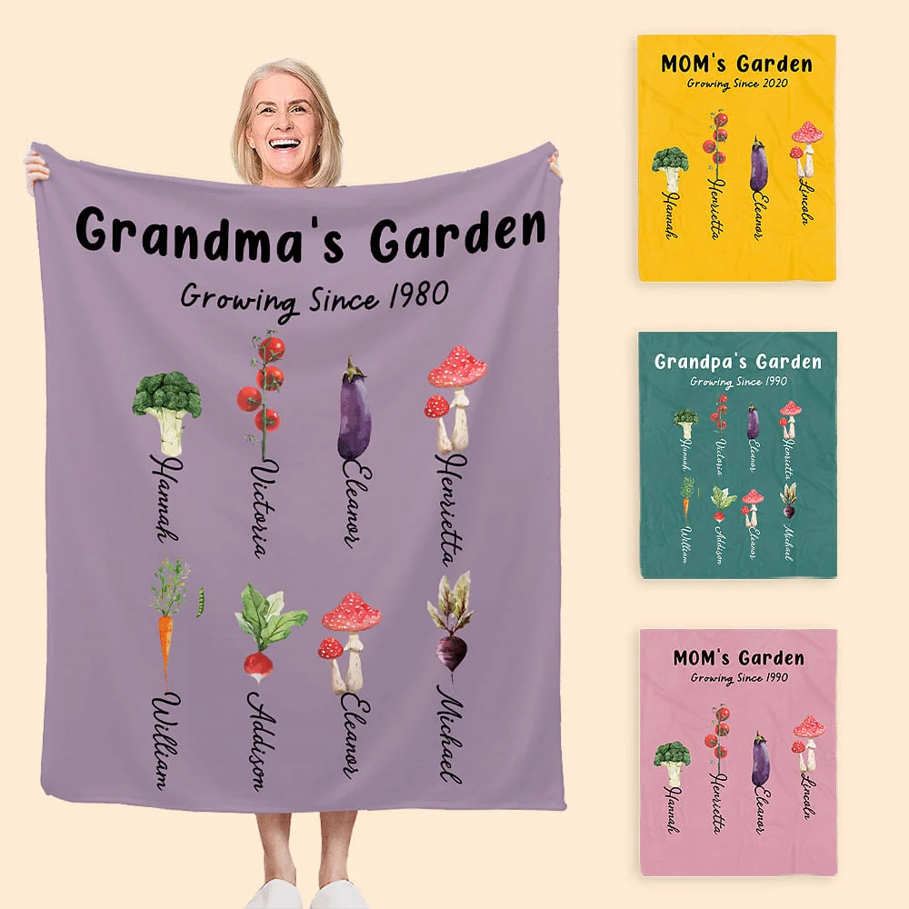 Personalized Multicolor Grandma's Vegetable Garden Throw Soft Blanket with 1-8 Names Birthday Christmas Gift for Mom Grandma